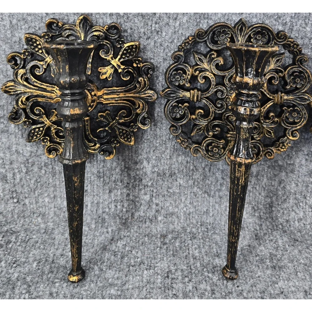 Vtg MCM Gothic Wall Sconces Black Antiqued Gold Holders Set of 4 Baroque Homco
